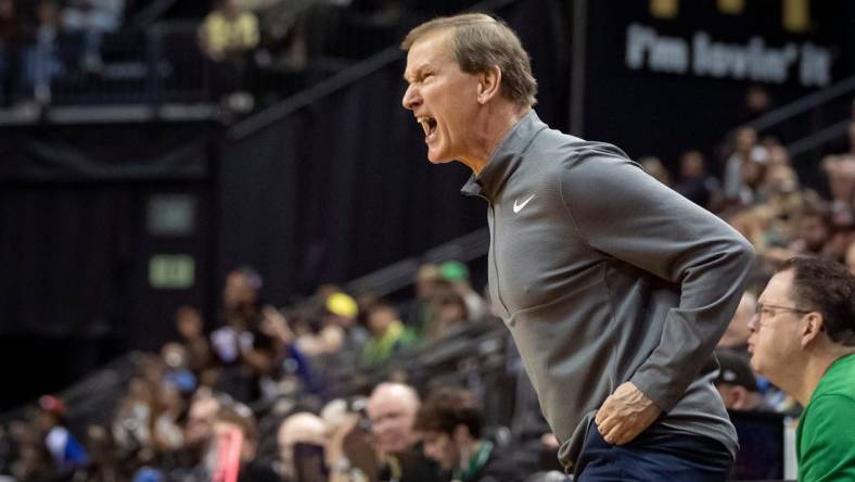 Oregon head coach Dana Altman reacts to a foul as the Oregon Ducks host Tennessee State Friday, Nov. 17, 2023, at Matthew Knight Arena in Eugene, Ore.