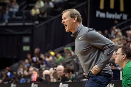 Oregon head coach Dana Altman reacts to a foul as the Oregon Ducks host Tennessee State Friday, Nov. 17, 2023, at Matthew Knight Arena in Eugene, Ore.