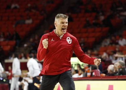 Nov 17, 2023; Norman, Oklahoma, USA; Oklahoma Sooners head coach Porter Moser reacts after his team scores against UT Rio Grande Valley Vaqueros during the second half at Lloyd Noble Center. Mandatory Credit: Alonzo Adams-USA TODAY Sports