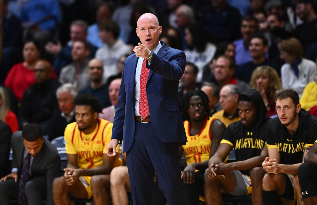 Nov 17, 2023; Villanova, Pennsylvania, USA; Maryland Terrapins head coach Kevin Willard calls out against the Villanova Wildcats in the first half at William B. Finneran Pavilion. Mandatory Credit: Kyle Ross-USA TODAY Sports