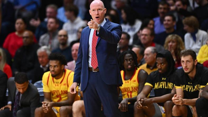 Nov 17, 2023; Villanova, Pennsylvania, USA; Maryland Terrapins head coach Kevin Willard calls out against the Villanova Wildcats in the first half at William B. Finneran Pavilion. Mandatory Credit: Kyle Ross-USA TODAY Sports