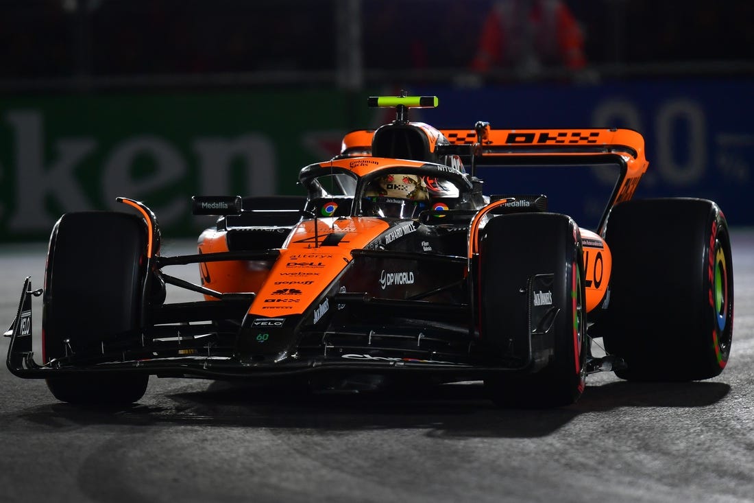 Nov 17, 2023; Las Vegas, Nevada, USA; McLaren F1 Team driver Lando Norris of Great Britain (4) during qualifying at Las Vegas Strip Circuit. Mandatory Credit: Gary A. Vasquez-USA TODAY Sports