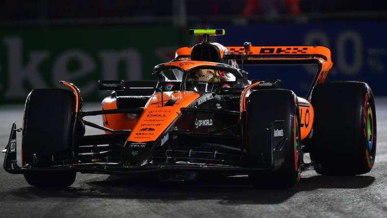 Nov 17, 2023; Las Vegas, Nevada, USA; McLaren F1 Team driver Lando Norris of Great Britain (4) during qualifying at Las Vegas Strip Circuit. Mandatory Credit: Gary A. Vasquez-USA TODAY Sports