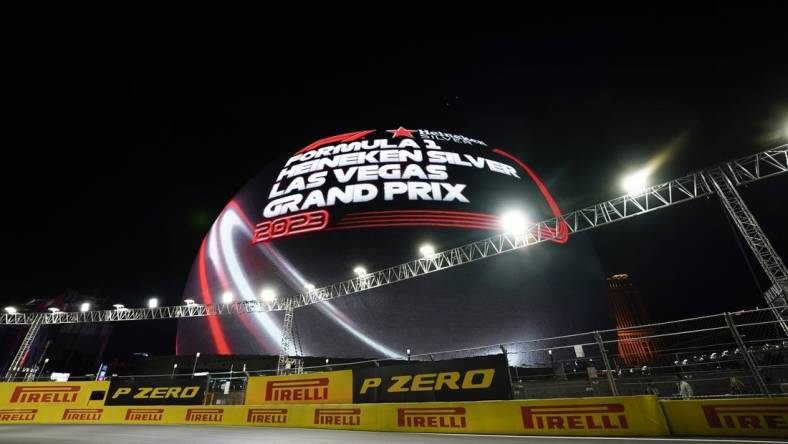 Nov 17, 2023; Las Vegas, Nevada, USA; The MSG Sphere is observed prior to the start of the qualifiers at the Las Vegas Strip Circuit. Mandatory Credit: Lucas Peltier-USA TODAY Sports