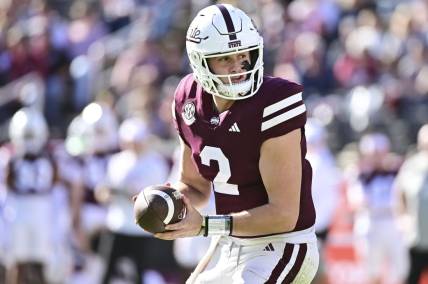 Nov 18, 2023; Starkville, Mississippi, USA; Mississippi State Bulldogs quarterback Will Rogers (2) drops back in the pocket against the Southern Miss Golden Eagles during the third quarter at Davis Wade Stadium at Scott Field. Mandatory Credit: Matt Bush-USA TODAY Sports