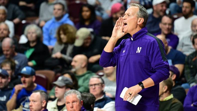 Nov 18, 2023; Uncasville, Connecticut, USA; Northwestern Wildcats head coach Chris Collins during the second half against Rhode Island Rams at Mohegan Sun Arena. Mandatory Credit: Mark Smith-USA TODAY Sports