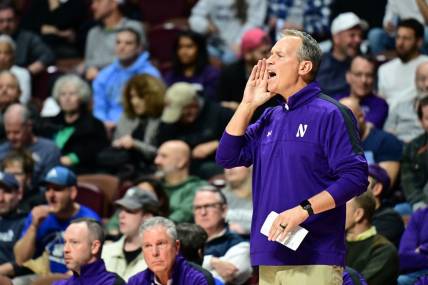 Nov 18, 2023; Uncasville, Connecticut, USA; Northwestern Wildcats head coach Chris Collins during the second half against Rhode Island Rams at Mohegan Sun Arena. Mandatory Credit: Mark Smith-USA TODAY Sports