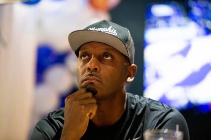 Memphis basketball head coach Penny Hardaway watches his team play Alabama State from a private room at Owners Box Sports Grill in Lakeland, Tenn., on Friday, November 17, 2023. Hardaway couldn   t coach the team because of a three-game NCAA suspension he had to serve for recruiting violations.