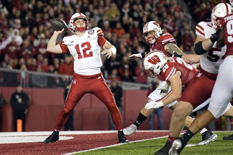 Nov 18, 2023; Madison, Wisconsin, USA;  Nebraska Cornhuskers quarterback Chubba Purdy (12) throws a pass during the first quarter against the Wisconsin Badgers at Camp Randall Stadium. Mandatory Credit: Jeff Hanisch-USA TODAY Sports