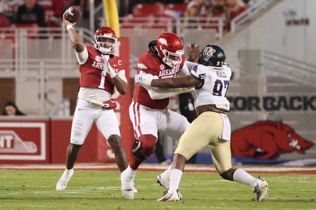 Nov 18, 2023; Fayetteville, Arkansas, USA; Arkansas Razorbacks quarterback KJ Jefferson (1) passes in the first half against the FIU Panthers at Donald W. Reynolds Razorback Stadium. Mandatory Credit: Nelson Chenault-USA TODAY Sports