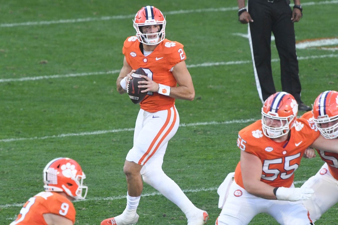 Nov 18, 2023; Clemson, South Carolina, USA; Clemson Tigers quarterback Cade Klubnik (2) drops back to pass against the North Carolina Tar Heels during the first quarter at Memorial Stadium. Mandatory Credit: Ken Ruinard-USA TODAY Sports