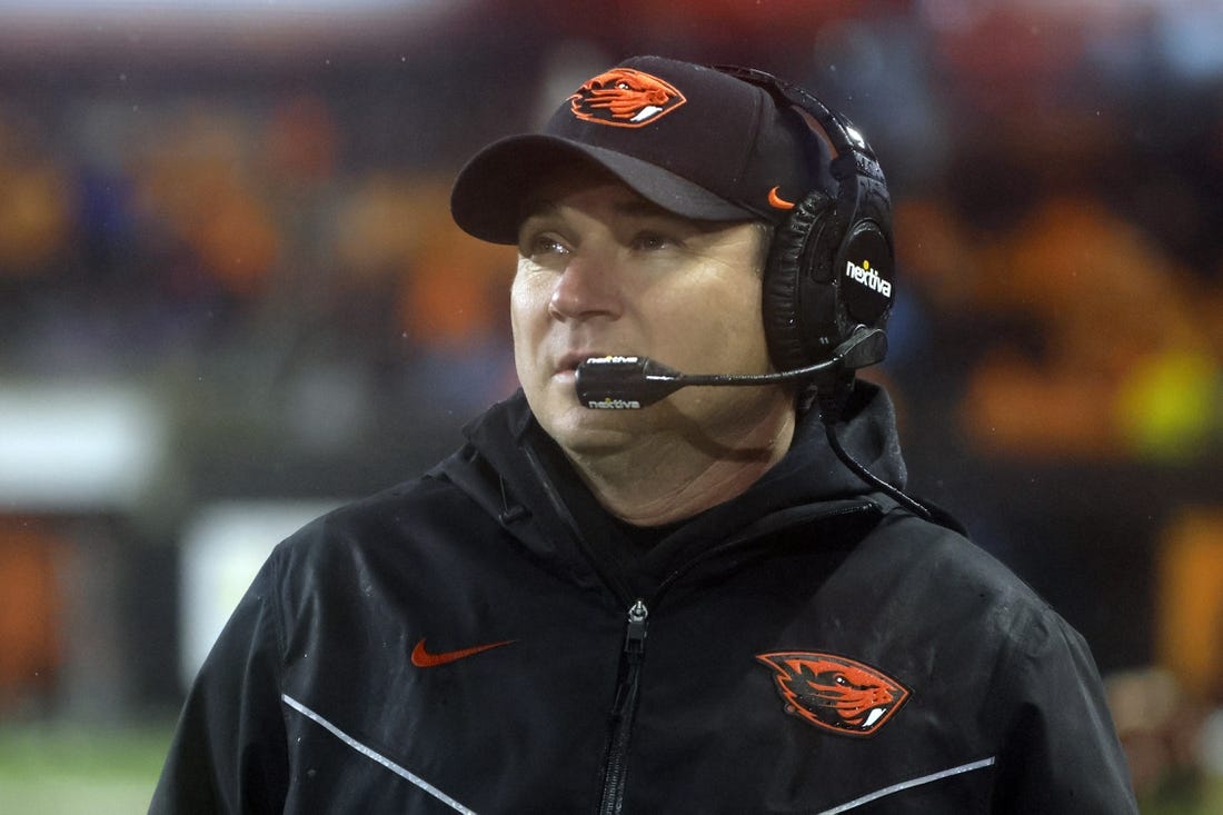 Nov 18, 2023; Corvallis, Oregon, USA; Oregon State Beavers head coach Jonathan Smith looks up at the video board during the second half against the Washington Huskies at Reser Stadium. Mandatory Credit: Soobum Im-USA TODAY Sports