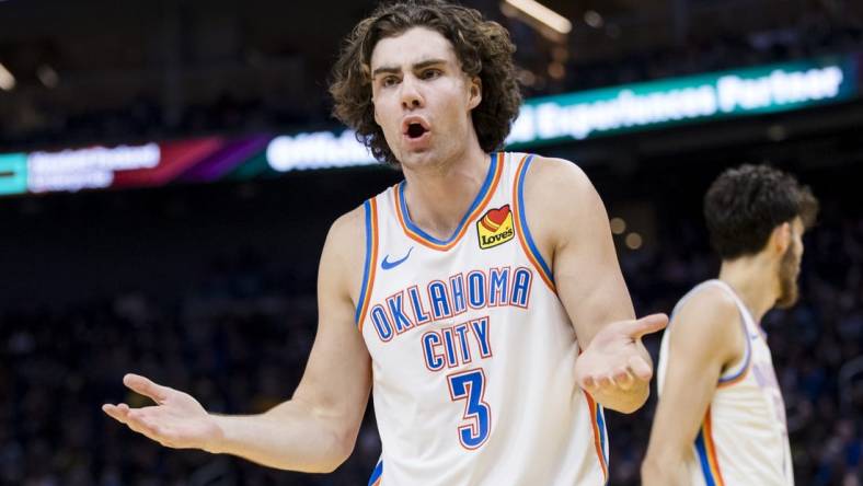 Nov 18, 2023; San Francisco, California, USA; Oklahoma City Thunder guard Josh Giddey (3) reacts after a foul is called in favor of the Golden State Warriors  during the second half at Chase Center. Mandatory Credit: John Hefti-USA TODAY Sports