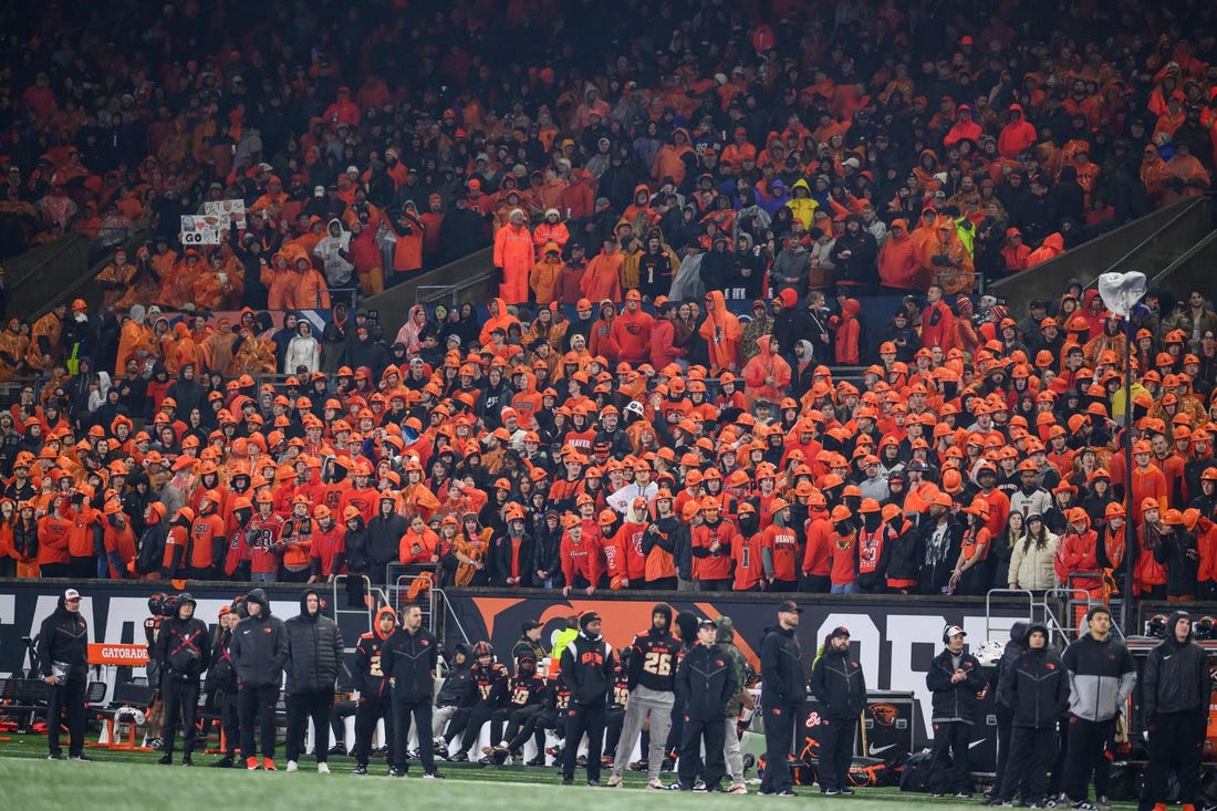 Nov 18, 2023; Corvallis, Oregon, USA; Oregon State Beavers fans cheering during the fourth quarter against the Washington Huskies at Reser Stadium. Mandatory Credit: Craig Strobeck-USA TODAY Sports