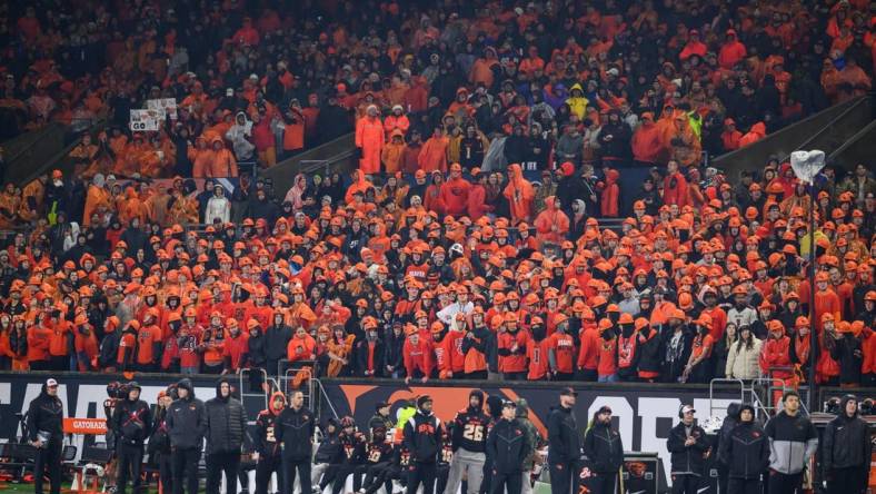 Nov 18, 2023; Corvallis, Oregon, USA; Oregon State Beavers fans cheering during the fourth quarter against the Washington Huskies at Reser Stadium. Mandatory Credit: Craig Strobeck-USA TODAY Sports