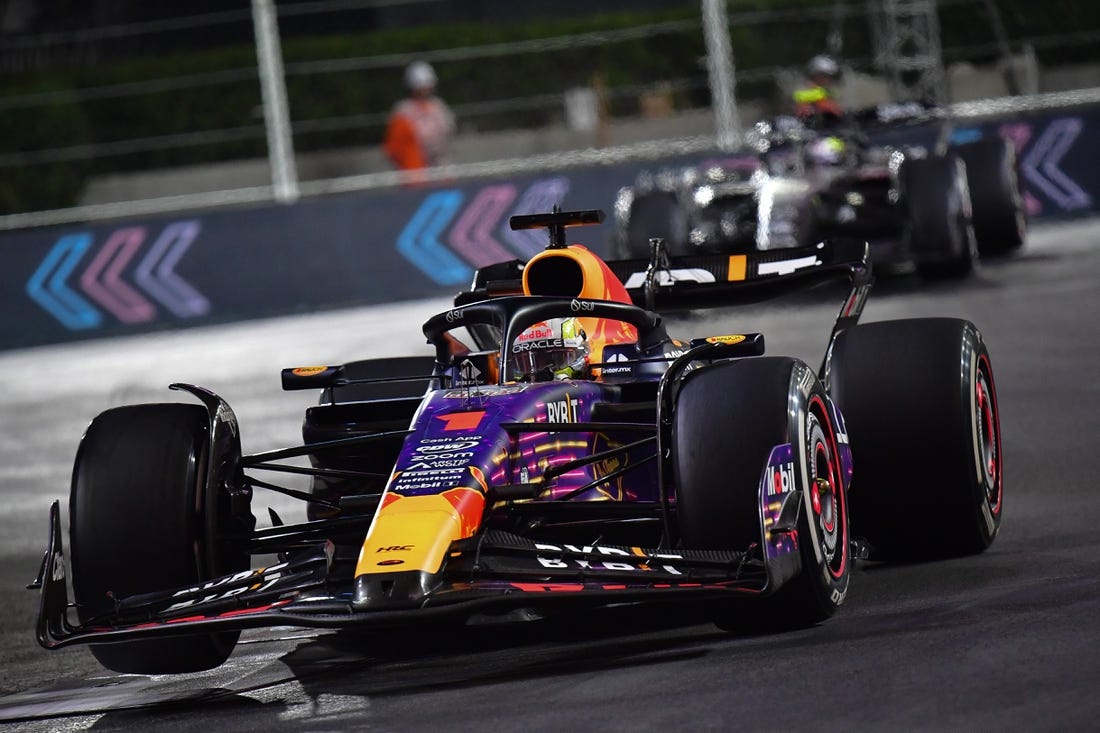 Nov 18, 2023; Las Vegas, Nevada, USA; Red Bull Racing driver Max Verstappen of The Netherlands (1) during the Las Vegas Grand Prix at Las Vegas Strip Circuit. Mandatory Credit: Gary A. Vasquez-USA TODAY Sports