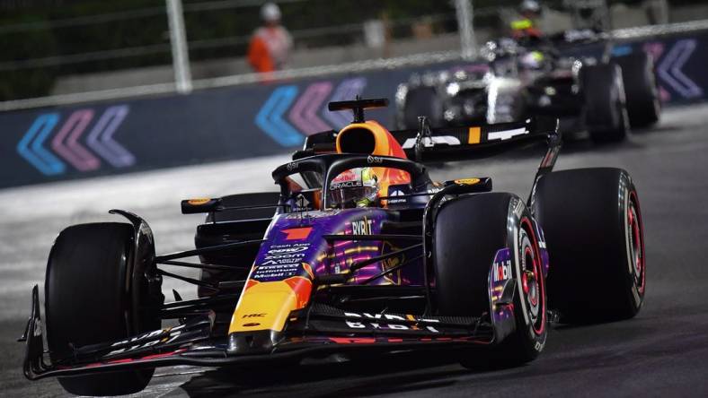 Nov 18, 2023; Las Vegas, Nevada, USA; Red Bull Racing driver Max Verstappen of The Netherlands (1) during the Las Vegas Grand Prix at Las Vegas Strip Circuit. Mandatory Credit: Gary A. Vasquez-USA TODAY Sports