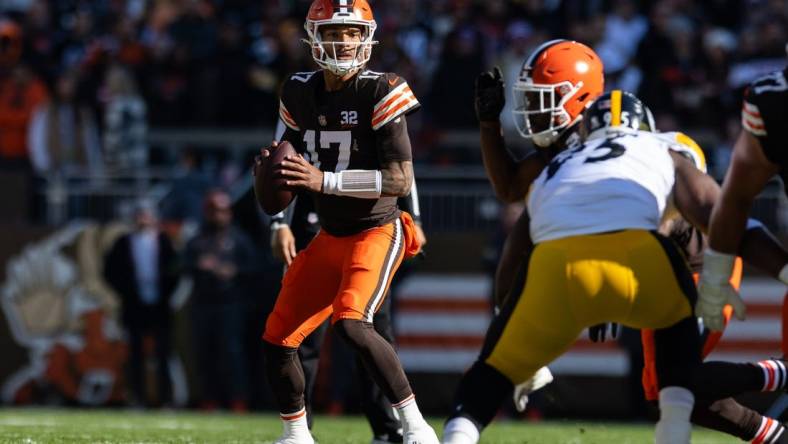 Nov 19, 2023; Cleveland, Ohio, USA; Cleveland Browns quarterback Dorian Thompson-Robinson (17) looks for an available receiver against the Pittsburgh Steelers during the first quarter at Cleveland Browns Stadium. Mandatory Credit: Scott Galvin-USA TODAY Sports