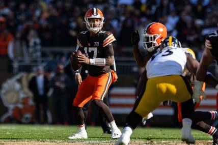 Nov 19, 2023; Cleveland, Ohio, USA; Cleveland Browns quarterback Dorian Thompson-Robinson (17) looks for an available receiver against the Pittsburgh Steelers during the first quarter at Cleveland Browns Stadium. Mandatory Credit: Scott Galvin-USA TODAY Sports