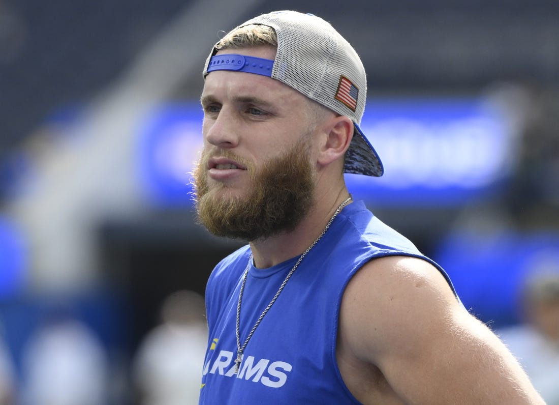 Nov 19, 2023; Inglewood, California, USA; Los Angeles Rams wide receiver Cooper Kupp (10) during pre-game warms up before an NFL game against the Seattle Seahawks at SoFi Stadium. Mandatory Credit: Robert Hanashiro-USA TODAY Sports