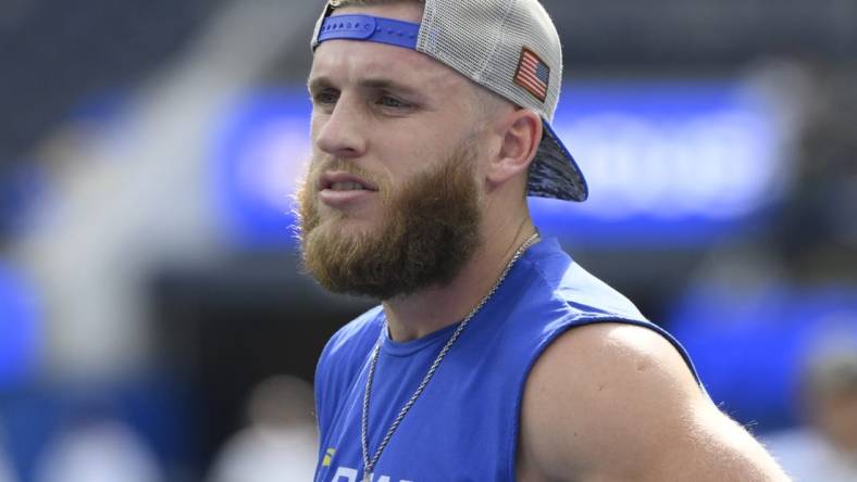 Nov 19, 2023; Inglewood, California, USA; Los Angeles Rams wide receiver Cooper Kupp (10) during pre-game warms up before an NFL game against the Seattle Seahawks at SoFi Stadium. Mandatory Credit: Robert Hanashiro-USA TODAY Sports