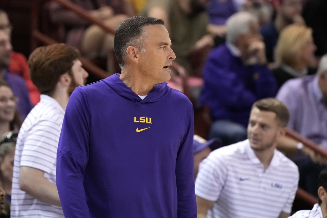 Nov 19, 2023; Charleston, SC, USA; LSU Tigers head coach Matt McMahon watches the action on the court in the first half against the Wake Forest Demon Deacons at TD Arena. Mandatory Credit: David Yeazell-USA TODAY Sports