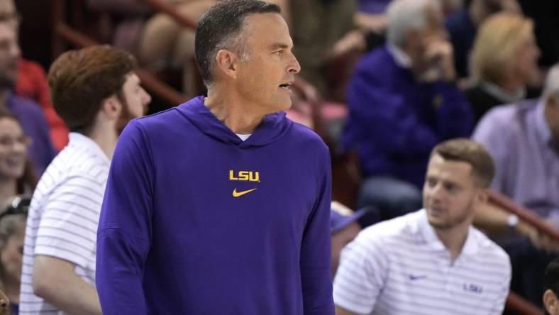 Nov 19, 2023; Charleston, SC, USA; LSU Tigers head coach Matt McMahon watches the action on the court in the first half against the Wake Forest Demon Deacons at TD Arena. Mandatory Credit: David Yeazell-USA TODAY Sports