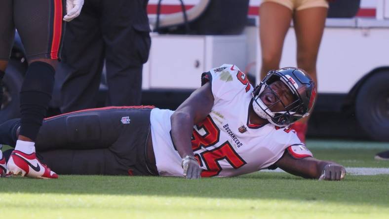 Nov 19, 2023; Santa Clara, California, USA; Tampa Bay Buccaneers cornerback Jamel Dean (35) after a play against the San Francisco 49ers during the first quarter at Levi's Stadium. Mandatory Credit: Kelley L Cox-USA TODAY Sports