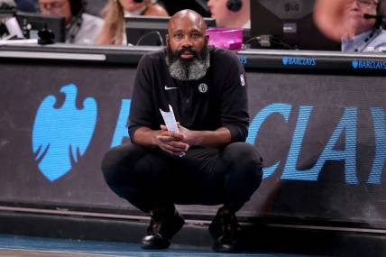 Nov 19, 2023; Brooklyn, New York, USA; Brooklyn Nets head coach Jacque Vaughn coaches against the Philadelphia 76ers during the fourth quarter at Barclays Center. Mandatory Credit: Brad Penner-USA TODAY Sports