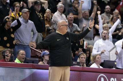 Nov 19, 2023; Charleston, SC, USA; Wake Forest Demon Deacons head coach Steve Forbes reacts to a call on the court in the second half against the LSU Tigers at TD Arena. Mandatory Credit: David Yeazell-USA TODAY Sports