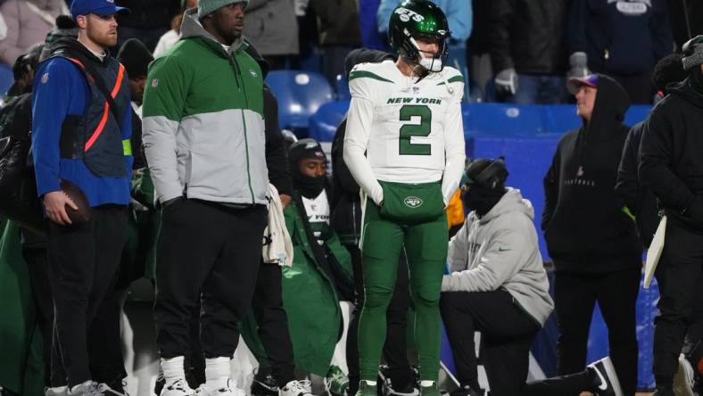 Nov 19, 2023; Orchard Park, New York, USA; New York Jets quarterback Zach Wilson (2) looks on from the sidelines after being replaced by quarterback Tim Boyle (7) (not pictured) during the second half against the Buffalo Bills at Highmark Stadium. Mandatory Credit: Gregory Fisher-USA TODAY Sports