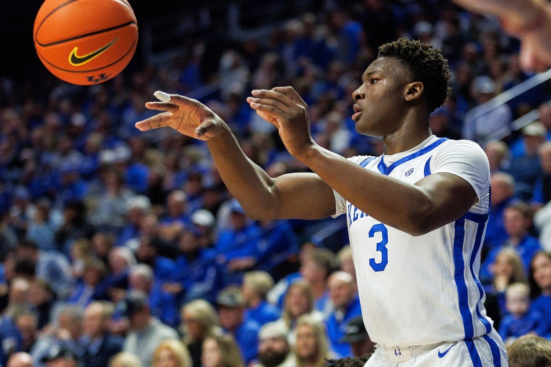 Nov 20, 2023; Lexington, Kentucky, USA; Kentucky Wildcats guard Adou Thiero (3) inbounds the ball during the first half against the Saint Joseph's Hawks at Rupp Arena at Central Bank Center. Mandatory Credit: Jordan Prather-USA TODAY Sports