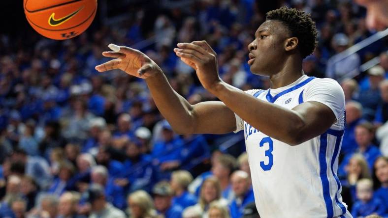 Nov 20, 2023; Lexington, Kentucky, USA; Kentucky Wildcats guard Adou Thiero (3) inbounds the ball during the first half against the Saint Joseph's Hawks at Rupp Arena at Central Bank Center. Mandatory Credit: Jordan Prather-USA TODAY Sports