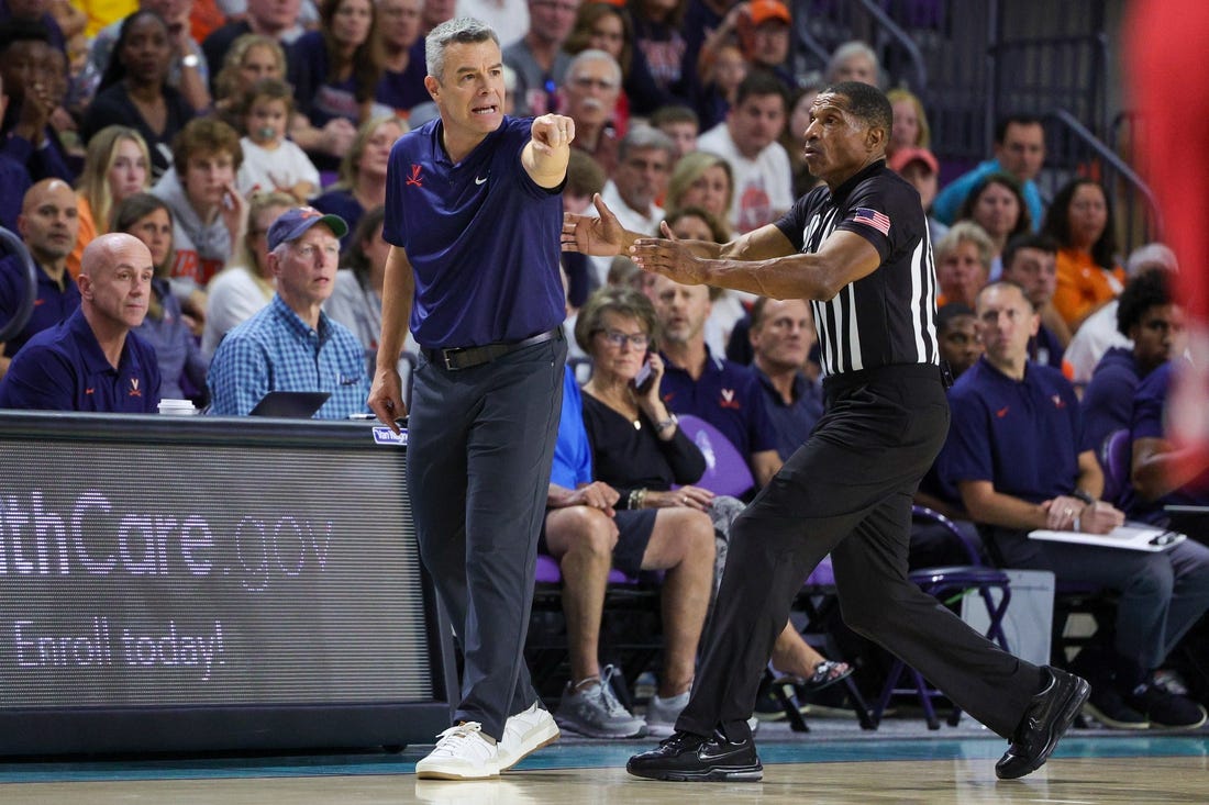 Nov 20, 2023; Fort Myers, Florida, USA;  Virginia Cavaliers head coach Tony Bennett reacts after a play against the Wisconsin Badgers in the first half during the Fort Myers Top-Off at Suncoast Credit Union Arena. Mandatory Credit: Nathan Ray Seebeck-USA TODAY Sports