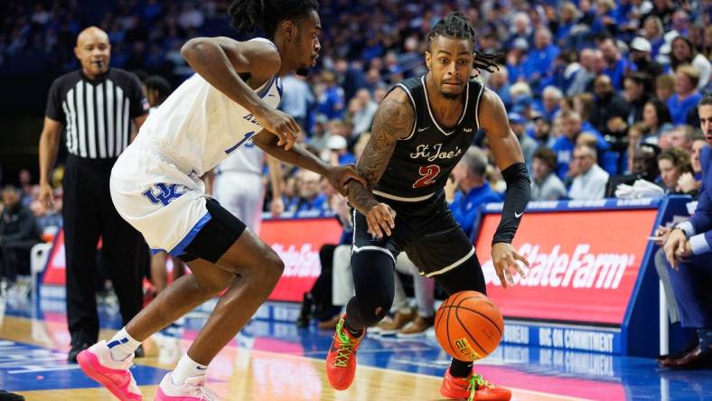 Nov 20, 2023; Lexington, Kentucky, USA; Saint Joseph's Hawks guard Erik Reynolds II (2) drives to the basket during the first half against the Kentucky Wildcats at Rupp Arena at Central Bank Center. Mandatory Credit: Jordan Prather-USA TODAY Sports