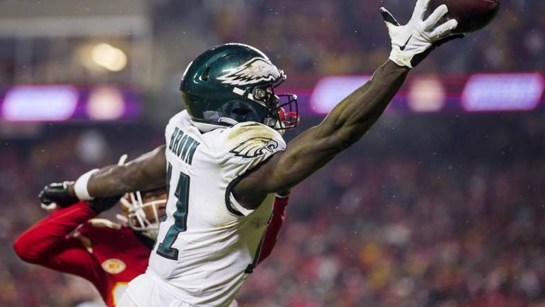 Nov 20, 2023; Kansas City, Missouri, USA; Philadelphia Eagles wide receiver A.J. Brown (11) is unable to make the catch against Kansas City Chiefs cornerback L'Jarius Sneed (38) during the second half at GEHA Field at Arrowhead Stadium. Mandatory Credit: Jay Biggerstaff-USA TODAY Sports