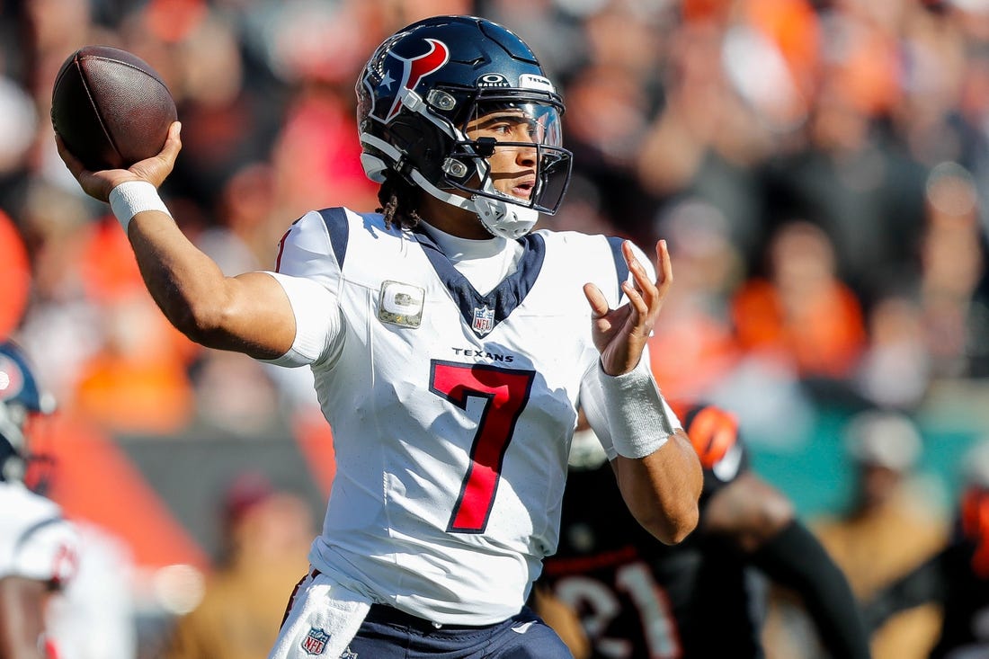 Nov 12, 2023; Cincinnati, Ohio, USA; Houston Texans quarterback C.J. Stroud (7) throws a pass against the Cincinnati Bengals in the first half at Paycor Stadium. Mandatory Credit: Katie Stratman-USA TODAY Sports