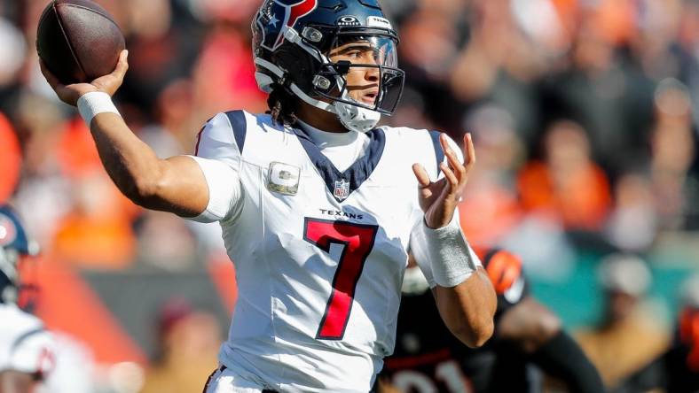 Nov 12, 2023; Cincinnati, Ohio, USA; Houston Texans quarterback C.J. Stroud (7) throws a pass against the Cincinnati Bengals in the first half at Paycor Stadium. Mandatory Credit: Katie Stratman-USA TODAY Sports