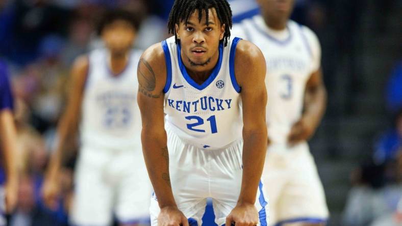 Nov 17, 2023; Lexington, Kentucky, USA; Kentucky Wildcats guard D.J. Wagner (21) during the second half against the Stonehill Skyhawks at Rupp Arena at Central Bank Center. Mandatory Credit: Jordan Prather-USA TODAY Sports