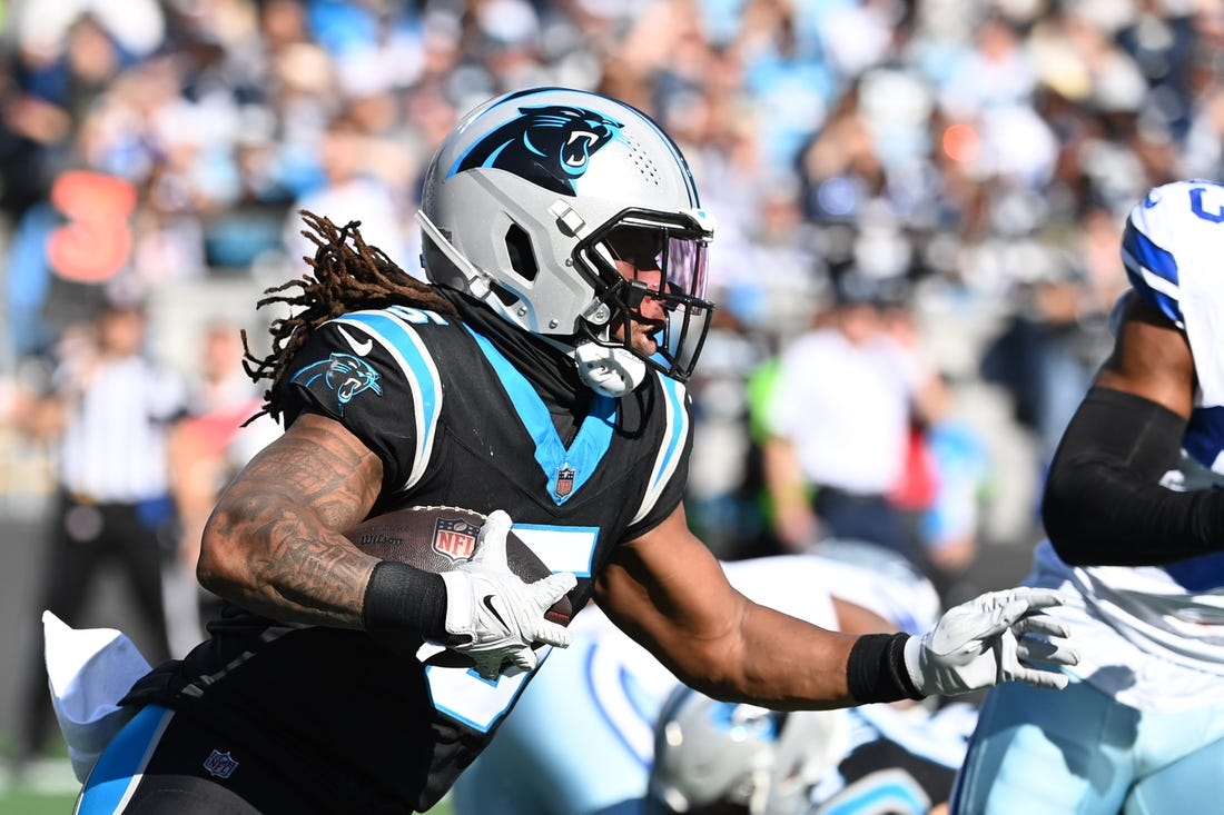 Nov 19, 2023; Charlotte, North Carolina, USA;  Carolina Panthers wide receiver Laviska Shenault Jr. (5) with the ball in the second quarter at Bank of America Stadium. Mandatory Credit: Bob Donnan-USA TODAY Sports