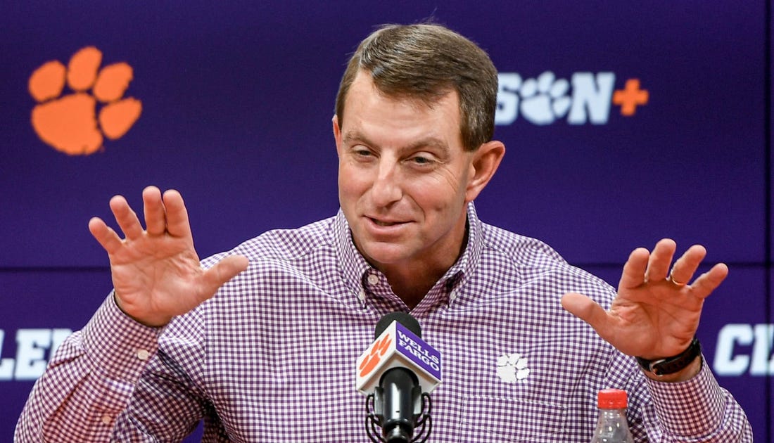 Clemson head coach Dabo Swinney speaks in the Smart Family Media Center at the Smart Family Media Center at the Poe Indoor Practice Facility in Clemson, S.C. Tuesday, Nov 21, 2023.