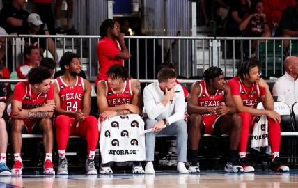 Nov 22, 2023; Paradise Island, BAHAMAS;  Texas Tech Red Raiders bench during the second half against the Villanova Wildcats at Imperial Arena. Mandatory Credit: Kevin Jairaj-USA TODAY Sports