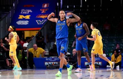 Nov 22, 2023; Paradise Island, BAHAMAS; Memphis Tigers guard Caleb Mills (9) reacts after the game against the Michigan Wolverines at Imperial Arena. Mandatory Credit: Kevin Jairaj-USA TODAY Sports