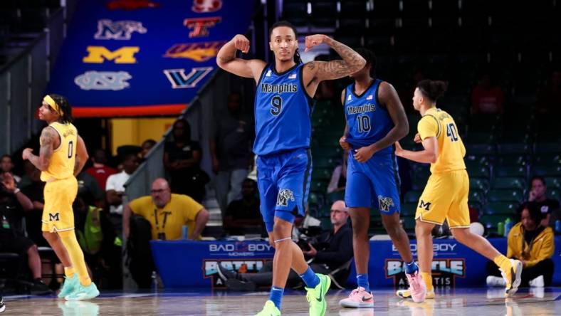 Nov 22, 2023; Paradise Island, BAHAMAS; Memphis Tigers guard Caleb Mills (9) reacts after the game against the Michigan Wolverines at Imperial Arena. Mandatory Credit: Kevin Jairaj-USA TODAY Sports