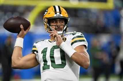 Nov 23, 2023; Detroit, Michigan, USA; Green Bay Packers quarterback Jordan Love (10) throws passes during pregame warmups before their game against the Detroit Lions at Ford Field. Mandatory Credit: Lon Horwedel-USA TODAY Sports
