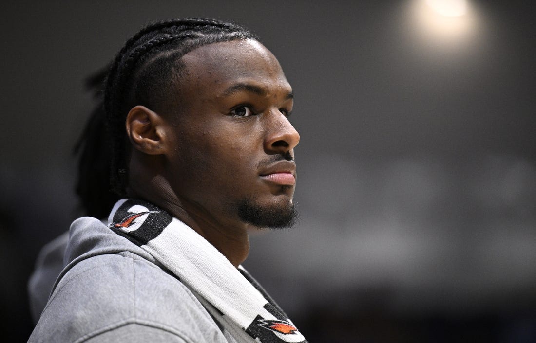 Nov 23, 2023; La Jolla, California, USA; USC Trojans guard Bronny James (6) looks on before the game against the Seton Hall Pirates at LionTree Arena. Mandatory Credit: Orlando Ramirez-USA TODAY Sports