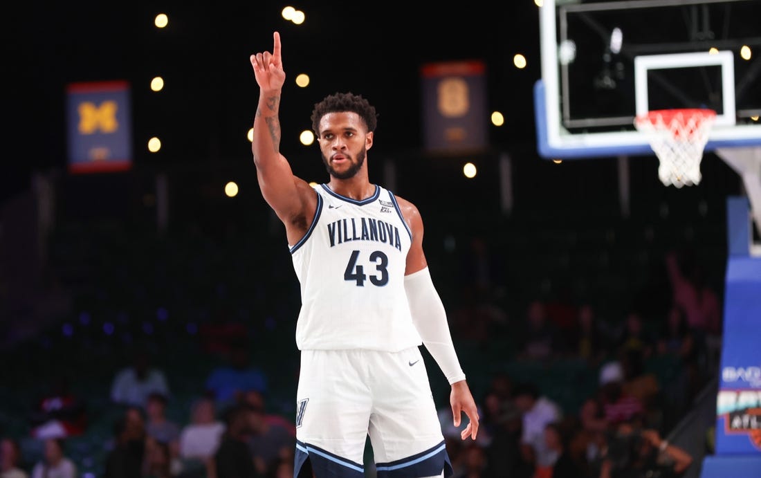 Nov 24, 2023; Paradise Island, BAHAMAS;  Villanova Wildcats forward Eric Dixon (43) reacts during the second half against the Memphis Tigers at Imperial Arena. Mandatory Credit: Kevin Jairaj-USA TODAY Sports