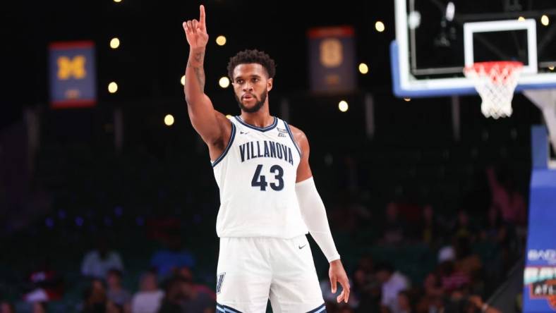 Nov 24, 2023; Paradise Island, BAHAMAS;  Villanova Wildcats forward Eric Dixon (43) reacts during the second half against the Memphis Tigers at Imperial Arena. Mandatory Credit: Kevin Jairaj-USA TODAY Sports