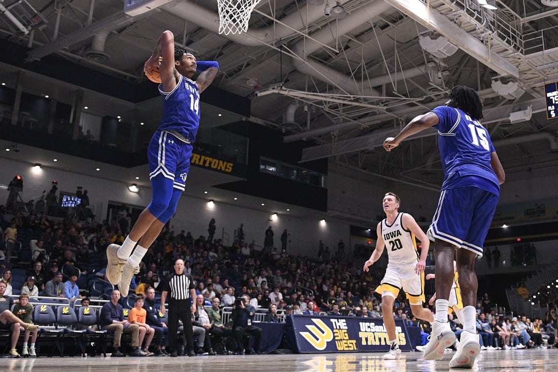 Nov 24, 2023; La Jolla, California, USA; Seton Hall Pirates guard Dre Davis (14) dunks the ball during the second half against the Iowa Hawkeyes at LionTree Arena. Mandatory Credit: Orlando Ramirez-USA TODAY Sports