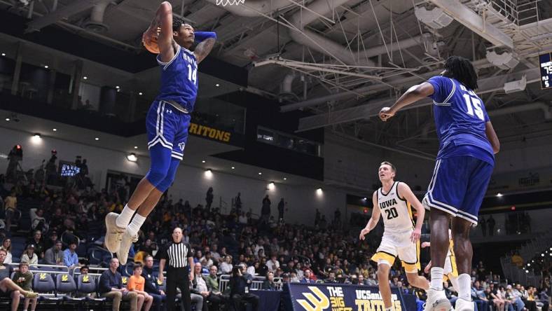 Nov 24, 2023; La Jolla, California, USA; Seton Hall Pirates guard Dre Davis (14) dunks the ball during the second half against the Iowa Hawkeyes at LionTree Arena. Mandatory Credit: Orlando Ramirez-USA TODAY Sports